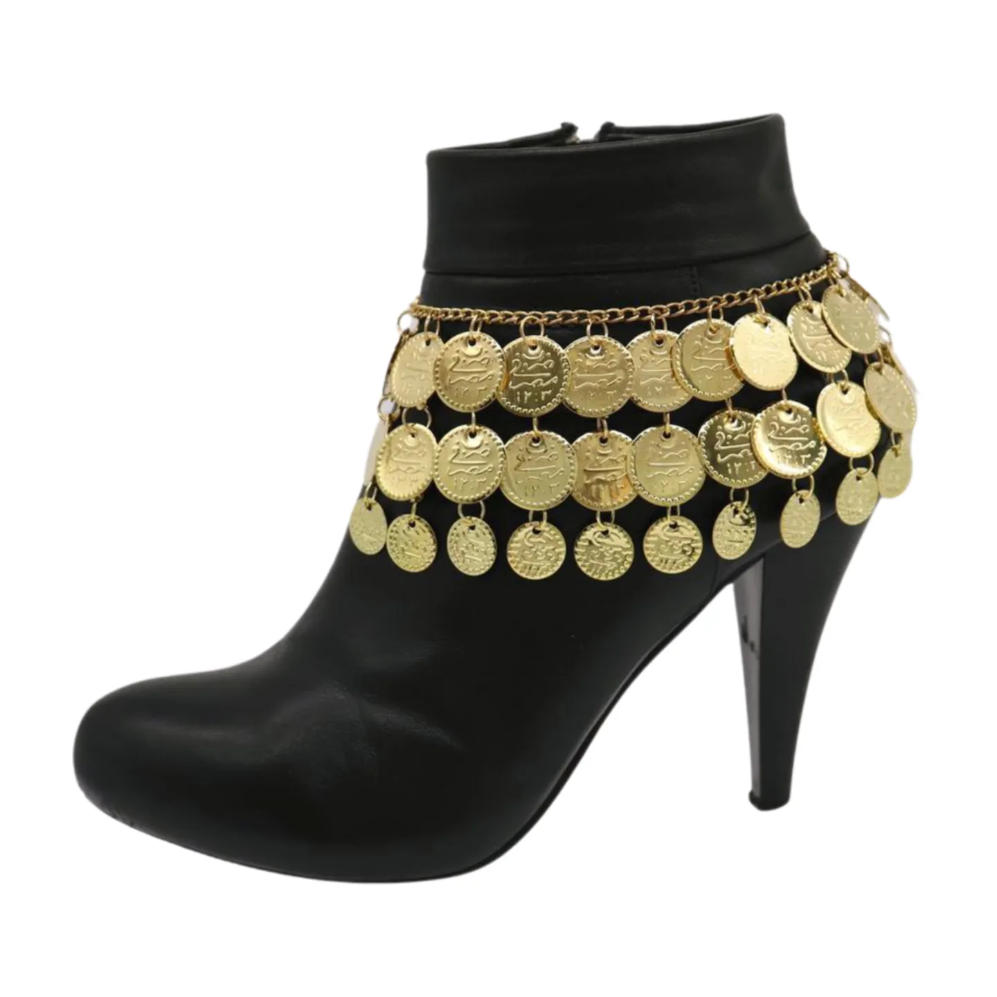 Women Gold Metal Chain Boot Bracelet Shoe Anklet Ethnic Coin Charms