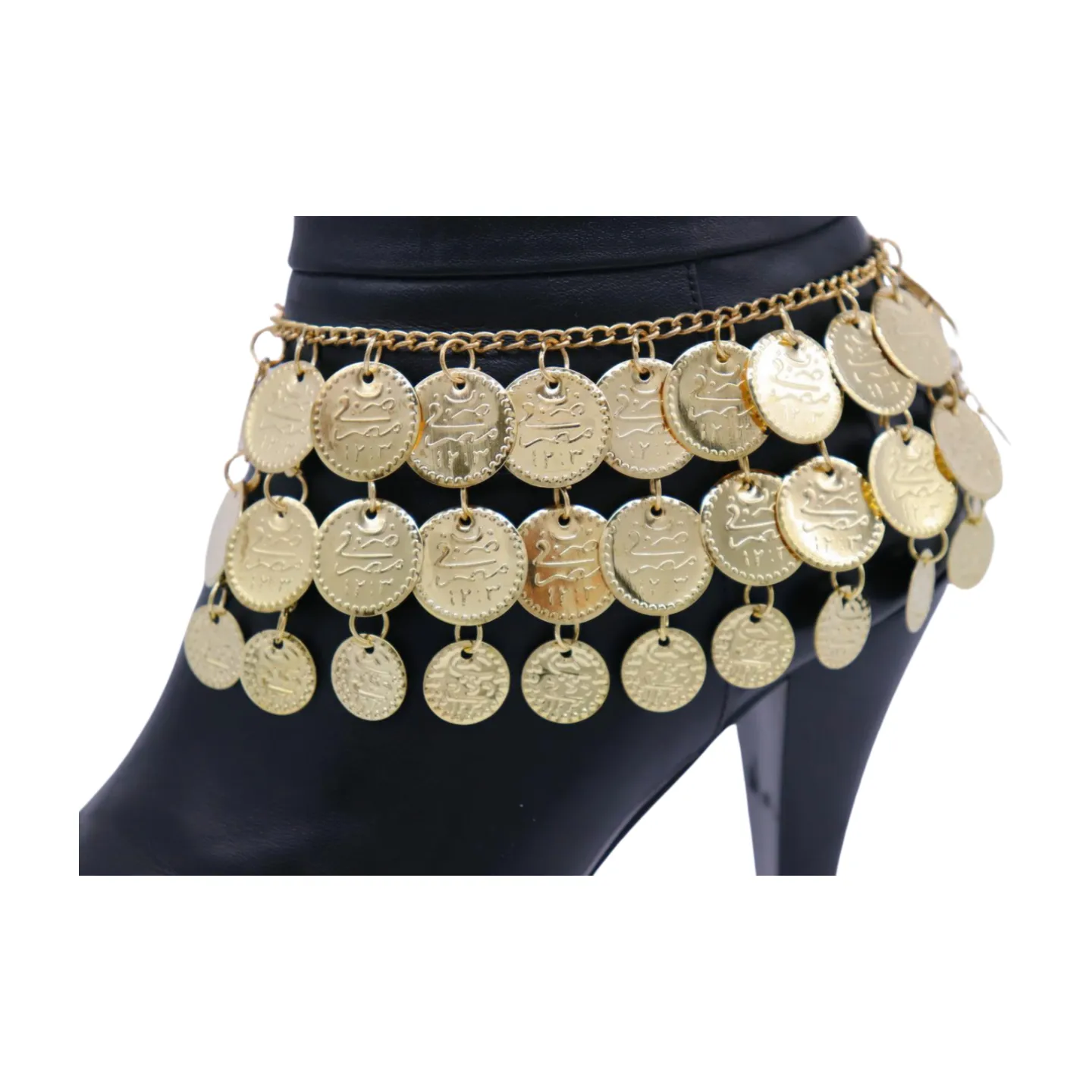 Women Gold Metal Chain Boot Bracelet Shoe Anklet Ethnic Coin Charms
