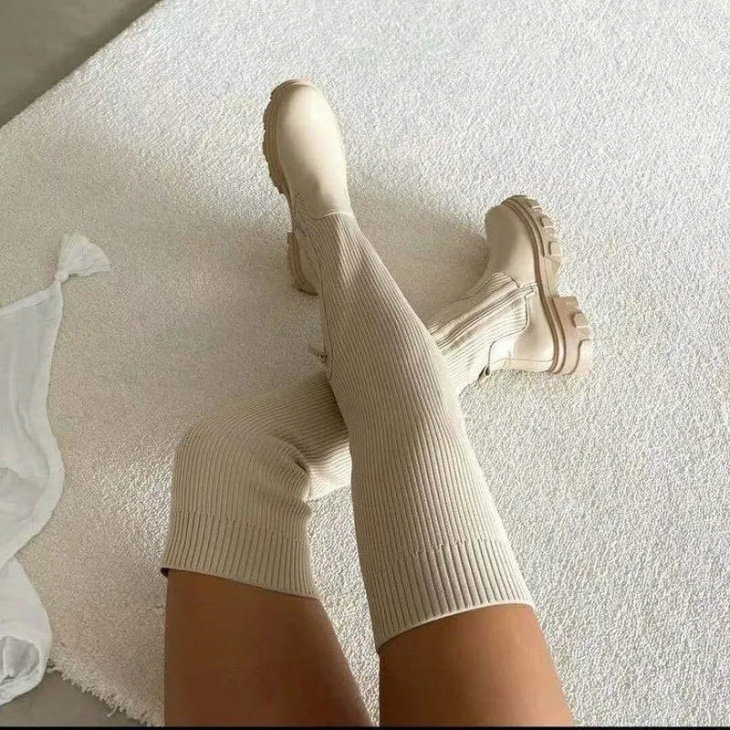Women'S New Over-The-Knee round Toe Pure Color Flying Knit Socks Boots