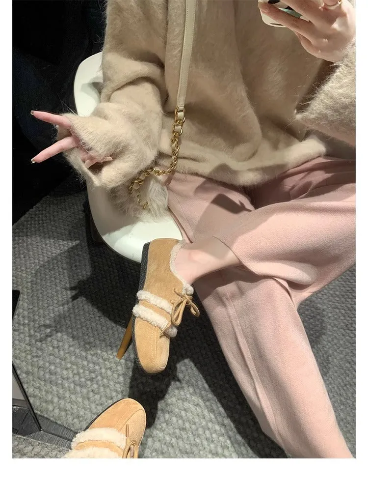 Women's Retro Color Matching Velvet Flat Shoes for Fall and Winter