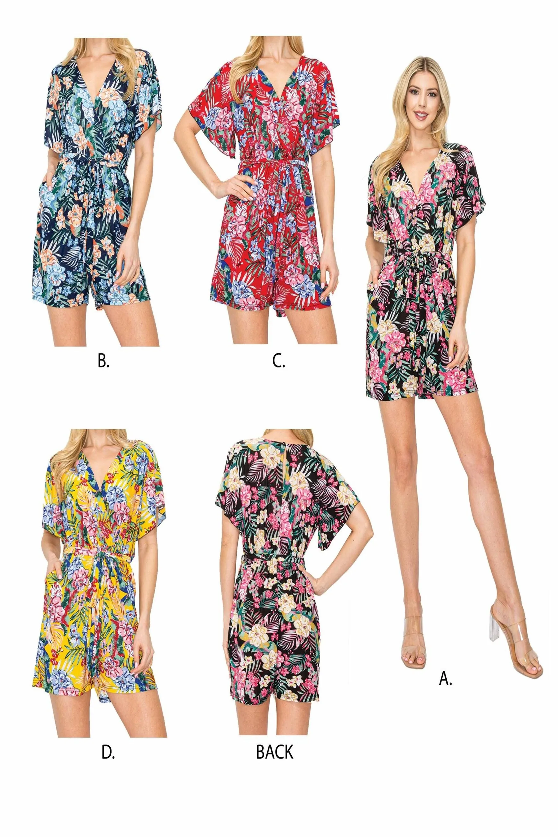 Women's Short-Sleeve Floral Print Wrap Romper with Elastic Waist #ZD22063C77 $9EACH