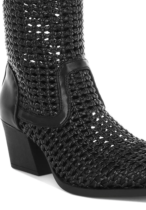 Women's Woven Pleather Block Heel Boots