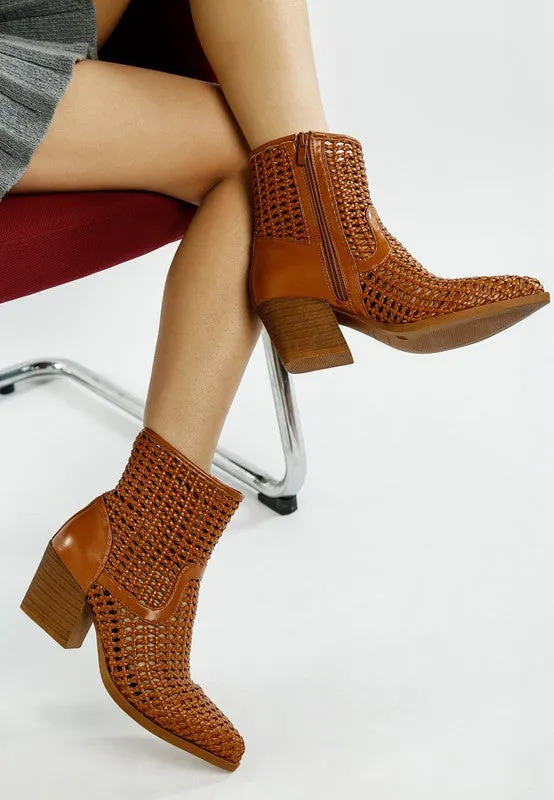 Women's Woven Pleather Block Heel Boots