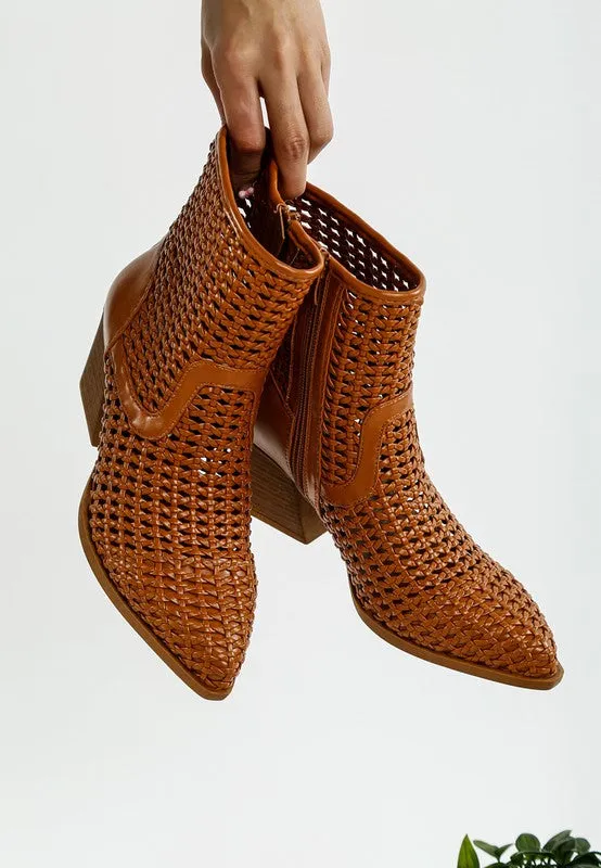 Women's Woven Pleather Block Heel Boots