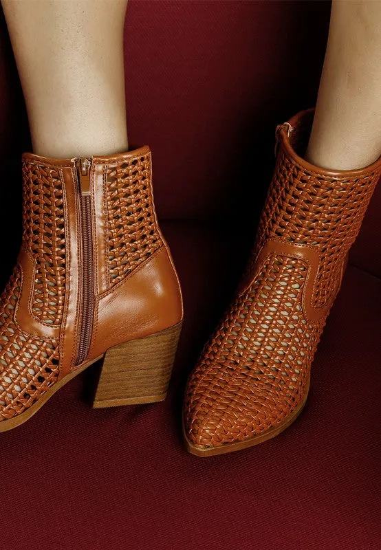Women's Woven Pleather Block Heel Boots