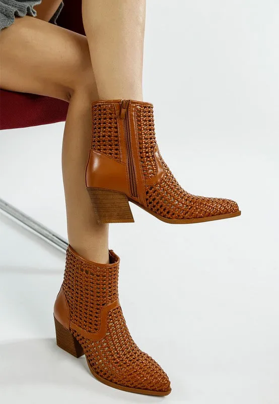 Women's Woven Pleather Block Heel Boots