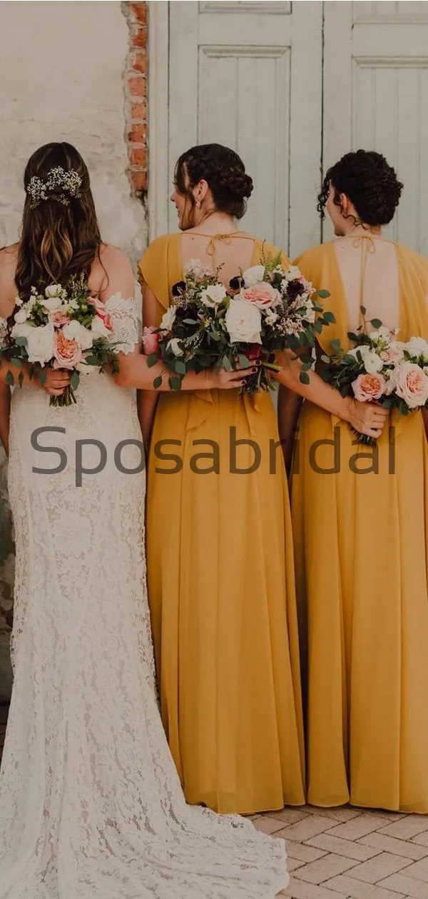 Yellow Cap Sleeves V-Neck Simple Unique Popular Bridesmaid Dresses WG677