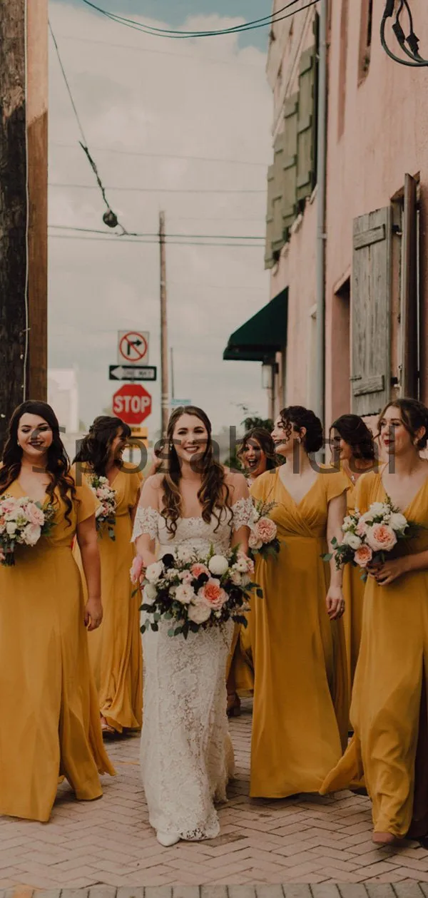 Yellow Cap Sleeves V-Neck Simple Unique Popular Bridesmaid Dresses WG677