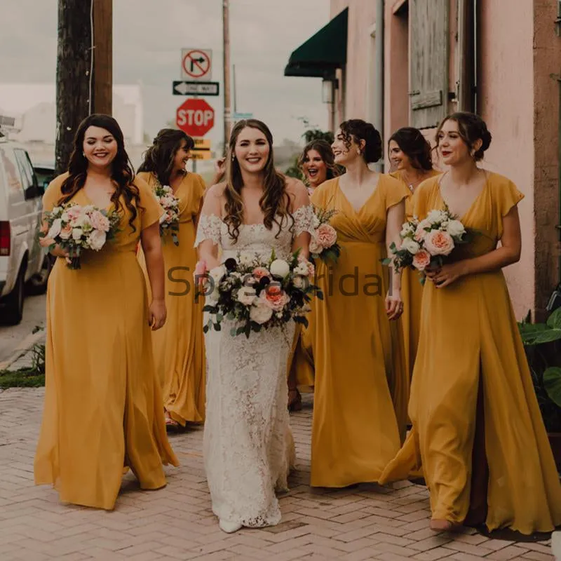 Yellow Cap Sleeves V-Neck Simple Unique Popular Bridesmaid Dresses WG677